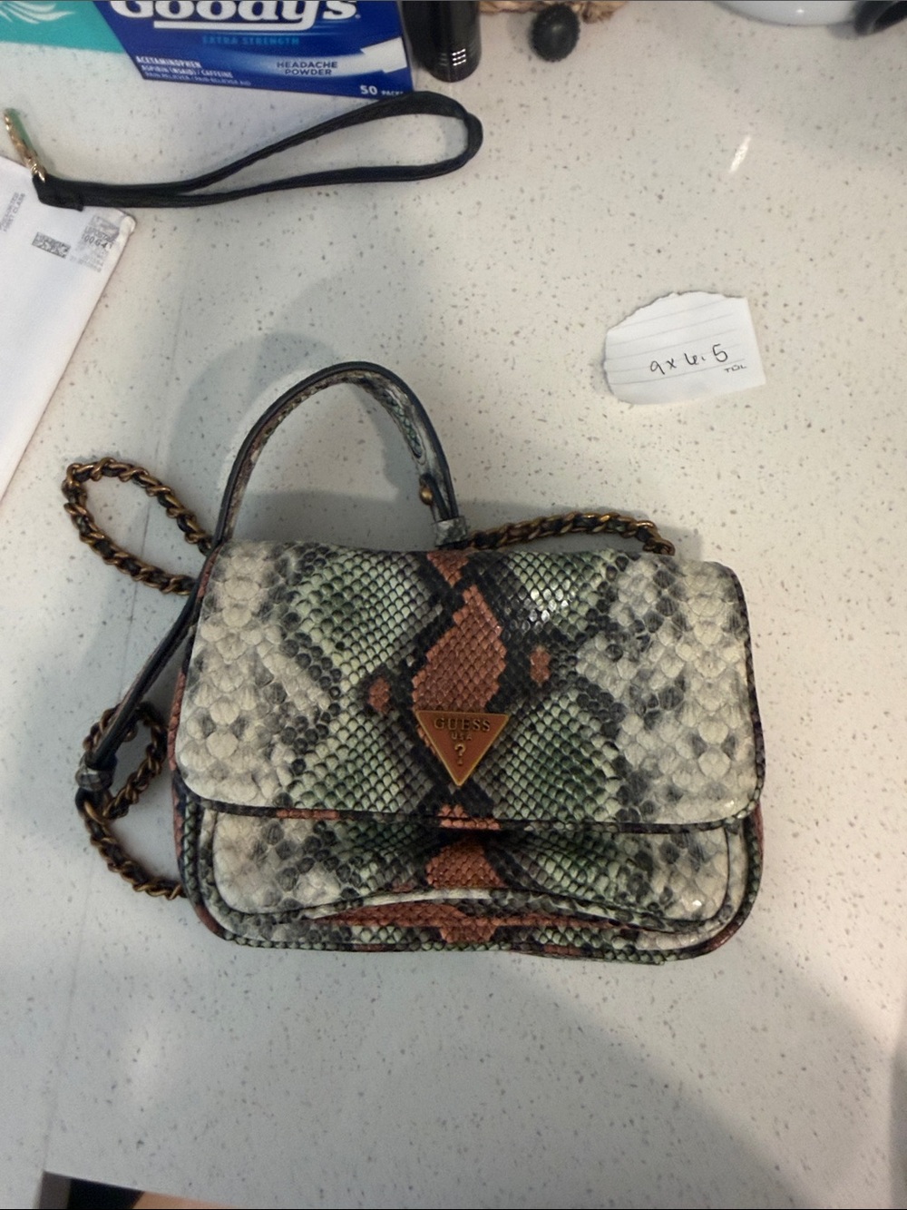 GUESS Snake-Print Mini Top-Handle Crossbody in Green and Brown